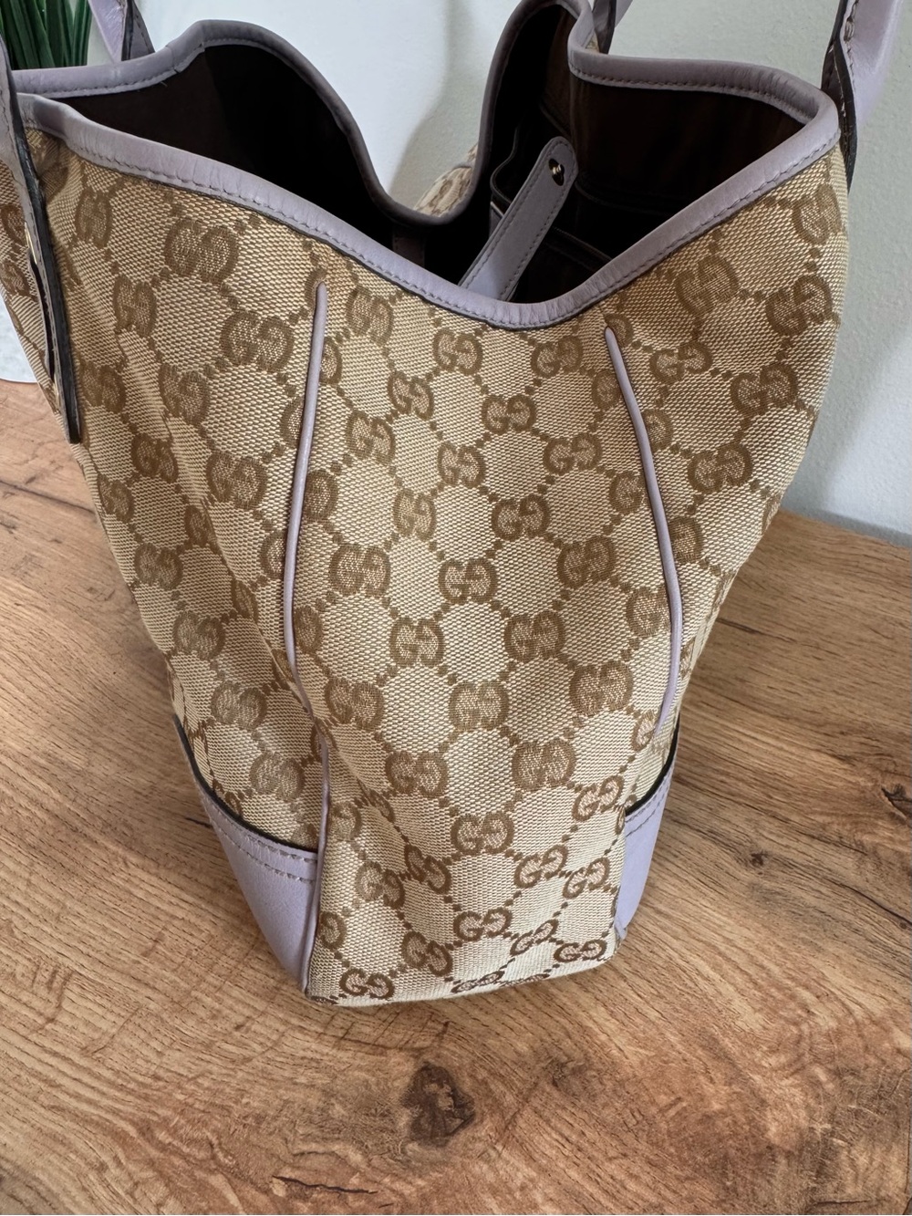 Authentic Gucci GG Monogram Canvas Princy Tote Beige Purple Leather Shoulder Bag - Picture 10 of 16